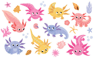 Set of hand drawn axolotls on white isolated background

