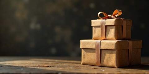 Obraz premium Two Stacked Gifts Wrapped in Rustic Brown Paper with Elegant Ribbon Bows on Wooden Surface