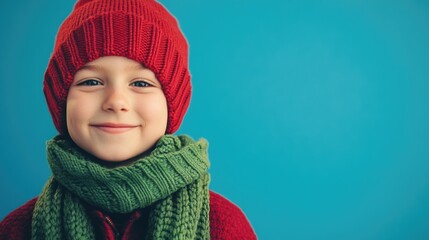 Smiling child wearing red knit hat and green scarf against blue background with copy space