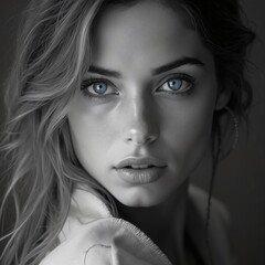 Fototapeta premium black and white portrait of a woman with bright blue eyes 