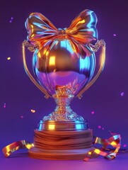 Golden trophy with a bow. on a wooden base. against a purple and blue background. celebrating success and achievement.