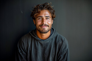 Fototapeta premium a Caucasian man, aged 30s to 50s, in minimal professional clothing, standing confidently with a relaxed, welcoming expression against a gray backdrop.