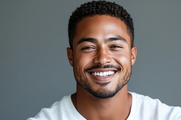 Obraz premium A black African man in white casual attire, smiling against a gray background, projects warmth and approachability with a charming demeanor.