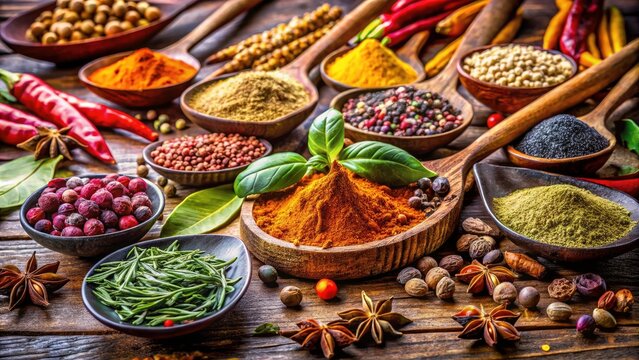 A wooden tablet holds a surreal array of Indian spices:  garam masala, mace, javitri, nutmeg, and bay leaves.