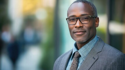 Fototapeta premium Portrait of confident mature businessman in suit and glasses standing outdoors with urban background and soft focus Copy Space