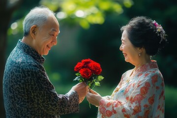 An older man Southeast Asian gives a bouquet of roses to an older woman on Valentine's Day