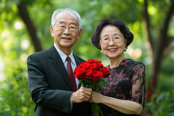 An older man Southeast Asian gives a bouquet of roses to an older woman on Valentine's Day