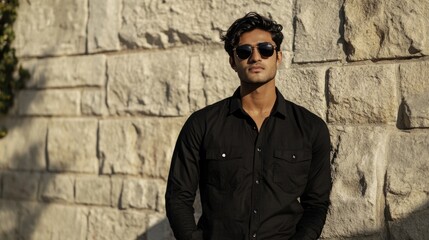 Obraz premium Young man in black shirt and sunglasses posing against a textured stone wall with warm sunlight Copy Space