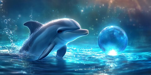 Magical dolphin leaping from ocean waves, near a glowing blue orb.  Serene underwater scene.