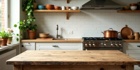 Rustic kitchen table with a blurred background showcasing farmhouse style decor and cooking essentials