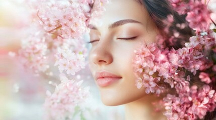 Fototapeta premium Portrait of a young woman with closed eyes surrounded by blooming cherry blossoms soft focus with pastel colors Copy Space
