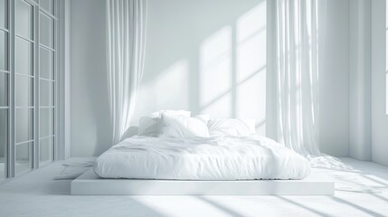 A modern floating bed frame styled with crisp white linens in a bright room. digital