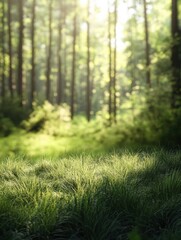 Blurred forest background. Green grass and pines in sunlight
