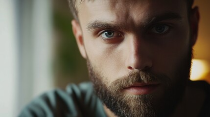 Obraz premium Close-up portrait of a young man with a beard and intense gaze indoors, natural light, soft focus background, Copy Space