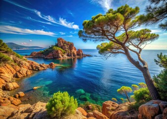 Fototapeta premium Azure sea meets rugged Esterel coastline; majestic trees, rocky beach, Provence captured.