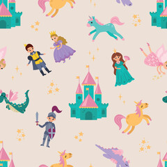 Seamless pattern with princesses, knights and dragons. Design of fabric, textiles, wallpaper, packaging