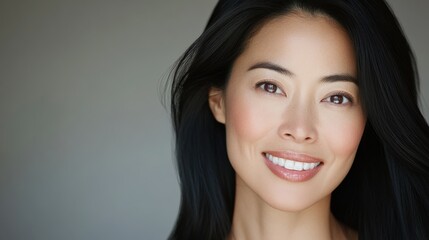 Professional portrait of a smiling woman with long dark hair and natural makeup against a neutral background Copy Space
