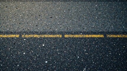 Fototapeta premium Detailed Close-Up of Asphalt Road Surface with Double Yellow Line Showing Textured Aggregates