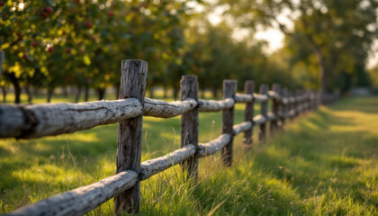 Rustic Wooden Fence in a Serene Orchard Landscape