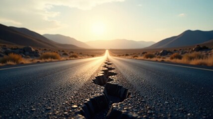 Naklejka premium A sun-drenched asphalt road stretches towards a distant horizon, a deep fissure running down its center, symbolizing the challenges and opportunities of life's journey