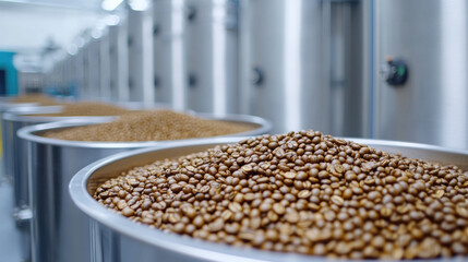 Coffee factory, A wide view of a coffee factory floor showcasing large machinery and equipment, highlighting production processes in high fidelity.