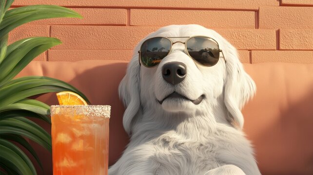 A relaxed dog wearing sunglasses enjoys a drink, exuding a laid-back summer vibe against a vibrant background.