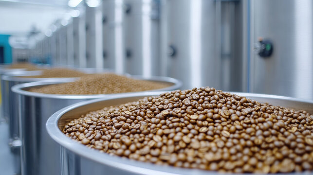 Coffee factory, A wide view of a coffee factory floor showcasing large machinery and equipment, highlighting production processes in high fidelity.