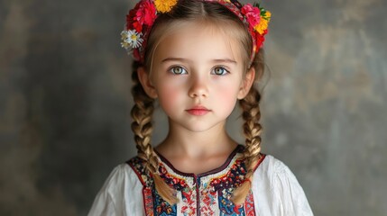 Portrait of young girl with braided hair wearing traditional attire and floral headband against textured background Copy Space