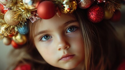 Girl wearing a festive Christmas crown made of ornaments and decorations with a soft focus background and serious expression Copy Space