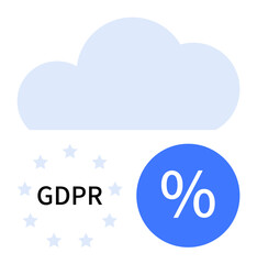 Cloud icon above GDPR text surrounded by stars and circular percentage symbol. Ideal for data privacy, compliance, cloud computing, analytics, EU regulations, security, abstract line flat metaphor
