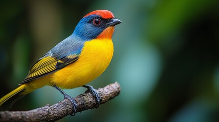 Obraz premium A vibrant bird perched gracefully on a branch, showcasing its stunning colorful plumage against a blurred green background