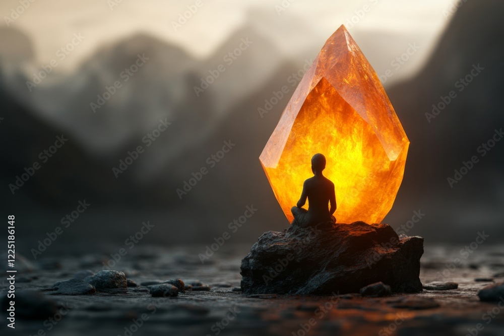 Poster a 3d-rendered illustration of a person sitting on a throne made of jagged, glowing shards, their fac