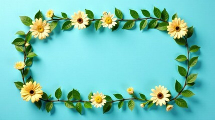 Floral Branch Frame Delicate Yellow Blossoms and Lush Green Leaves Arranged in a Rectangular Shape on a Light Blue Background