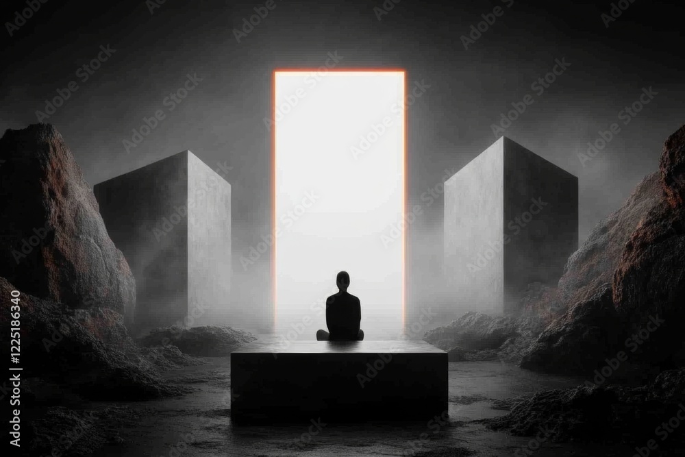 Poster a 3d-rendered scene of a person sitting in a large, empty room with cold, metallic walls, illuminate