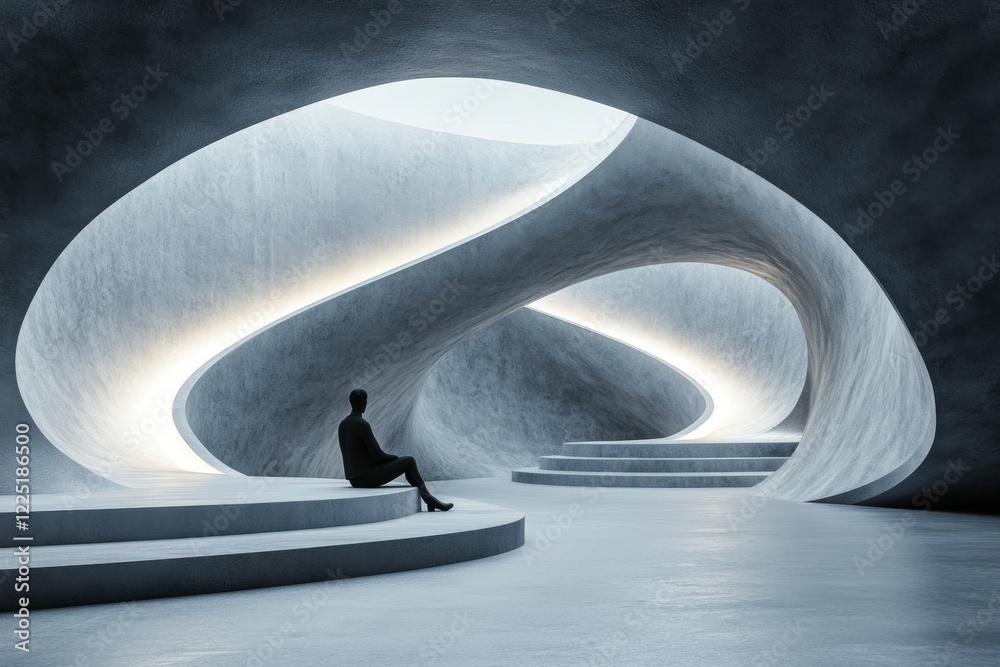 Poster a 3d-rendered scene of a person sitting in a large, empty room with cold, metallic walls, illuminate