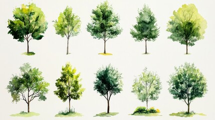 Fototapeta premium Set of watercolor green trees, feeling fresh and peaceful isolated on crisp white background