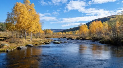 Obraz premium Scenic Autumn Landscape with a River Flowing Through Colorful Trees and Mountains