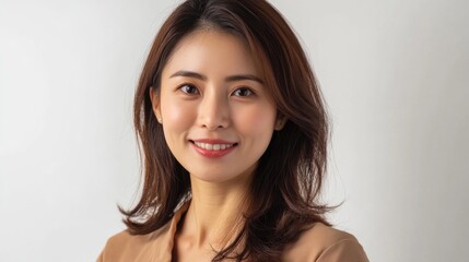 Portrait of a young woman with long dark hair smiling against a light background Copy Space