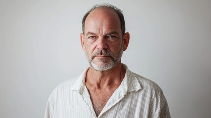 Obraz premium Middle-aged man with a beard standing against a plain backdrop wearing a casual white shirt with a serious expression and focused gaze Copy Space
