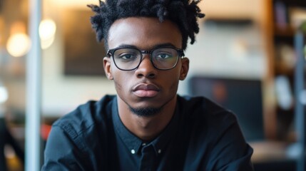 Obraz premium Young man with curly hair wearing glasses and a black shirt looking confidently at the camera in a modern workspace Copy Space