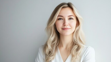 Fototapeta premium Portrait of a young blonde woman smiling confidently against a light gray background with Copy Space