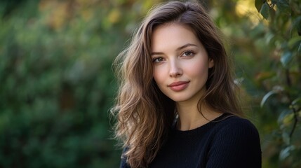 Portrait of young woman with long hair smiling outdoors in natural light surrounded by green foliage with Copy Space