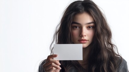 Naklejka premium Portrait of young woman with long dark hair holding blank business card in front of her face on white background Copy Space