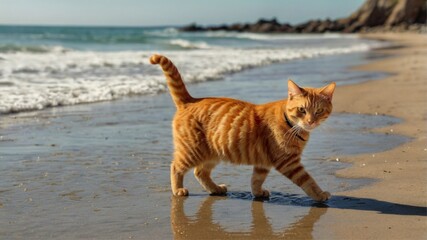 Ginger Cat Strolling on Sunny Beach: A Serene Coastal Scene