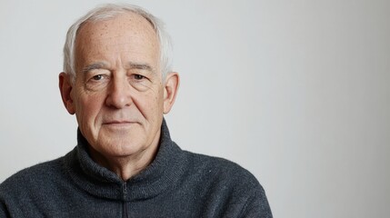 Obraz premium Senior man with gray hair wearing a dark sweater against a neutral background looking directly at the camera Copy Space