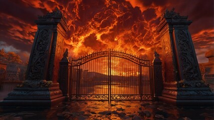 Fiery Sky, Ornate Gate: A Dramatic Digital Painting