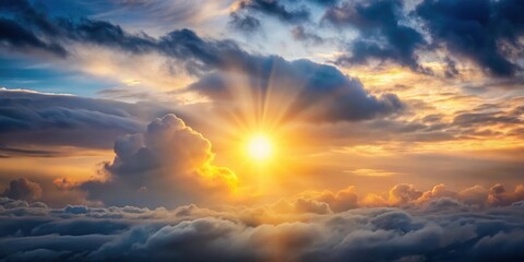 Obraz premium Softly glowing sun peeks through grey clouds in the horizon, daybreak, soft light