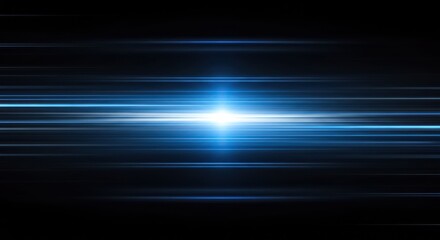 A futuristic abstract background of horizontal light streaks in shades of blue and white on a dark background