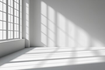 Fototapeta premium Sunlight streams through a large window into a minimalist white room.