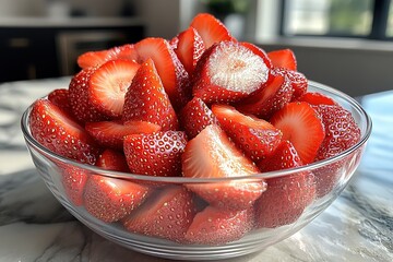 A glass bowl filled with fresh sliced strawberries Perfect for a summer snack or dessert
